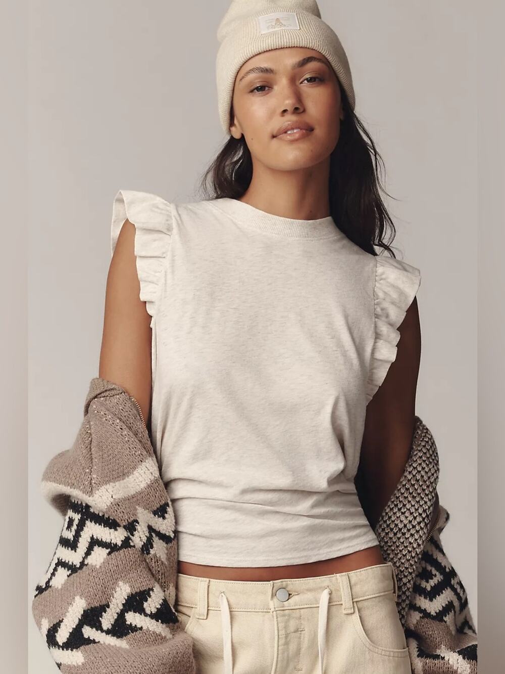 Anthropologie Nation Los Angeles 100% Pima Cotton Paulette Ruffle Tank XS Sand